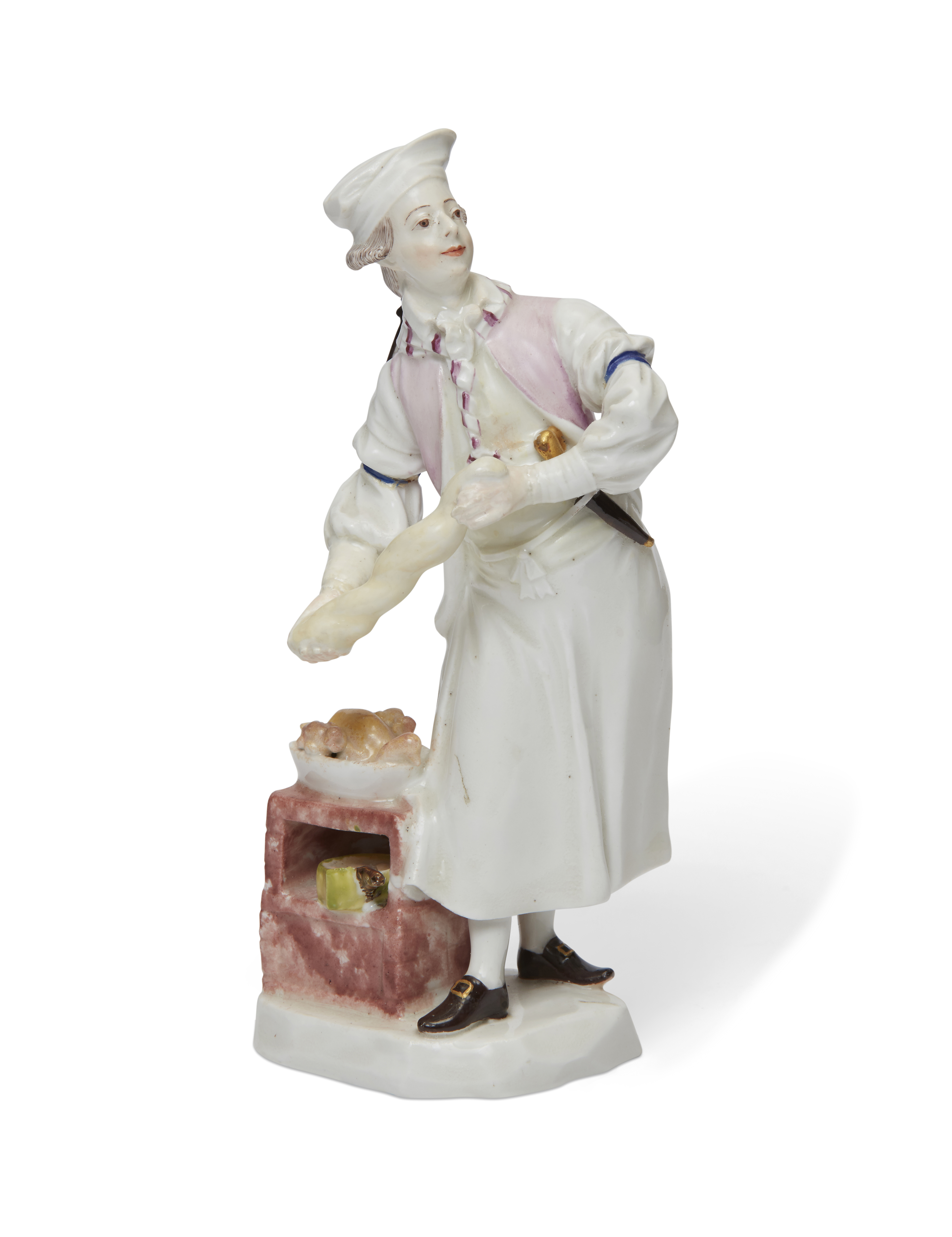 A Vienna porcelain figure of a Cavalier dressed as a cook, c.1755-60, blue shield mark, incised H...