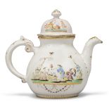 A German fayence chinoiserie teapot and a cover, probably Künersberg, second quarter 18th century...