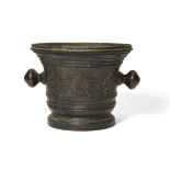 An Italian bronze mortar, late 17th century, the body cast with a band of acanthus leaves, with k...