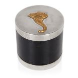 A leather mounted silver plated cigarette jar, by Hermes, with applied brass cornucopia motif to ...
