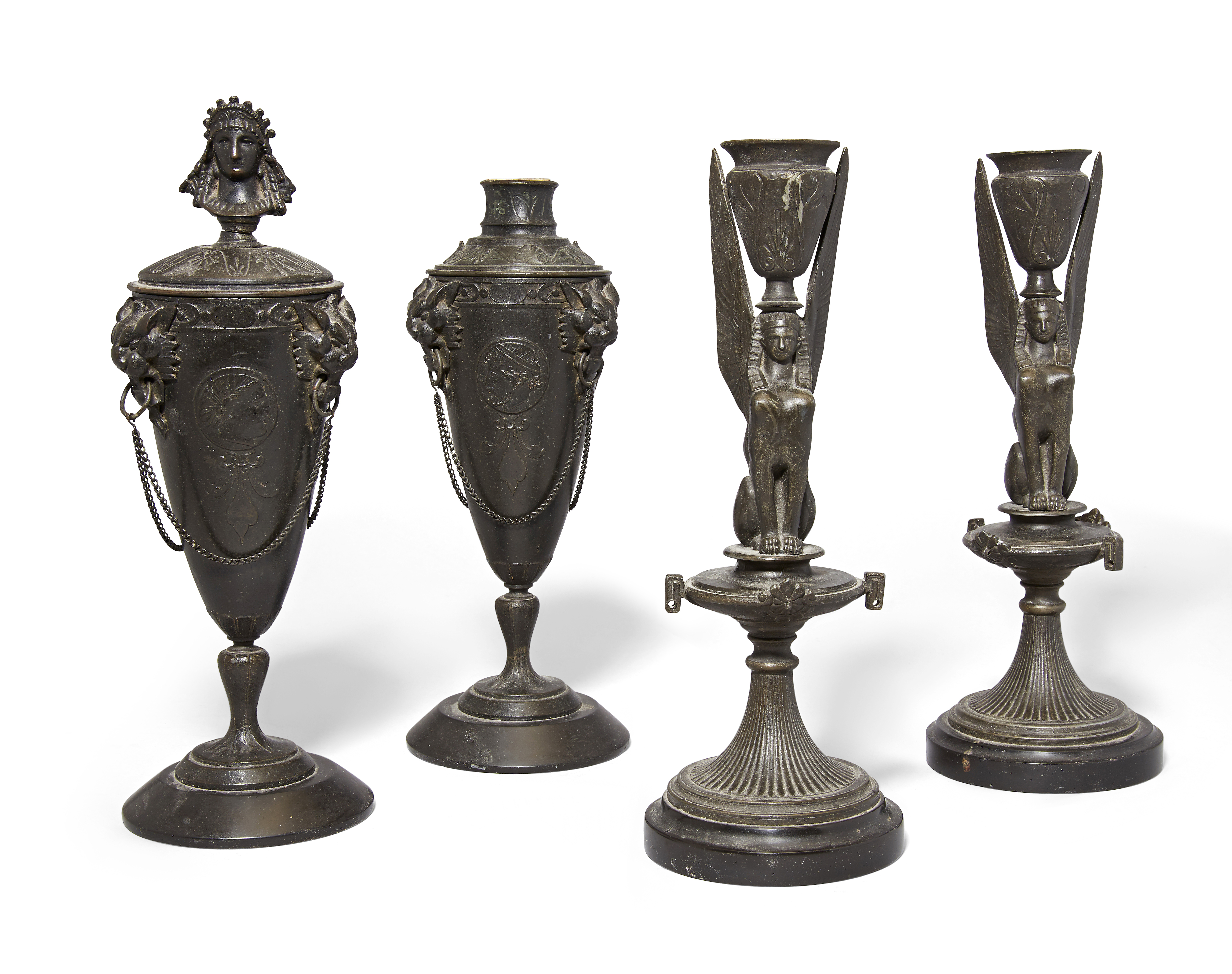 A pair of French spelter cassolette, late 19th century, the reversible sockets with female bust f...