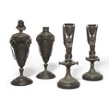 A pair of French spelter cassolette, late 19th century, the reversible sockets with female bust f...