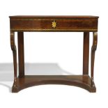 A North European mahogany dressing console table, circa 1810, ebony and brass inlaid, the hinged ...