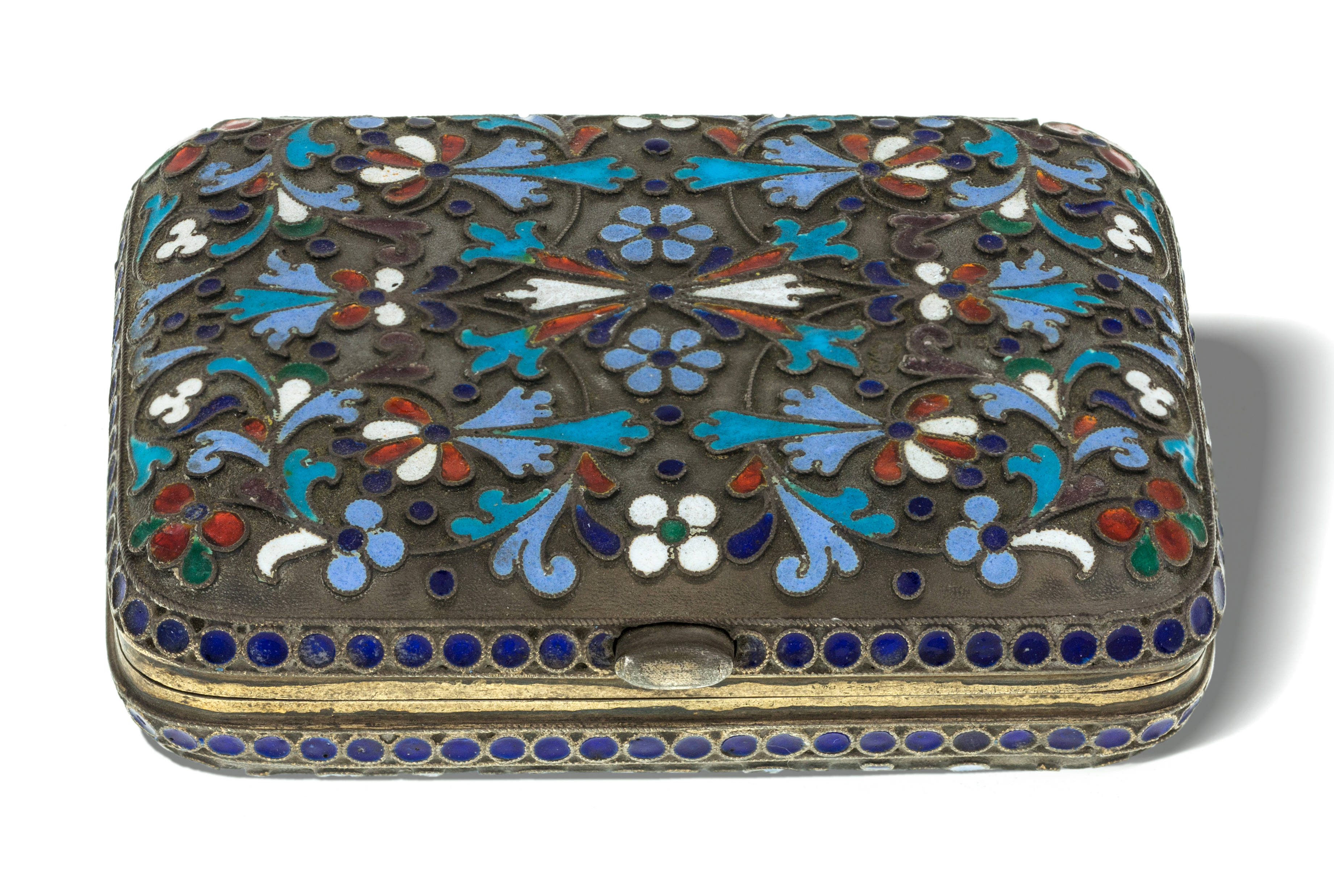 A Russian cloisonné enamel purse, Moscow, c.1880, Ivan Saltykov, 84 standard, of rounded rectangu...