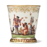 A Meissen porcelain chinoiserie beaker, c.1724, gilders 1. mark, of flared form with a gilt gadro...