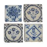 Four Dutch Delft blue and white tiles, three first half 17th century, one second quarter 18th cen...