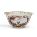 A Meissen waste bowl, c.1730, blue crossed swords mark, gilt dot and gilt J mark, each side paint...