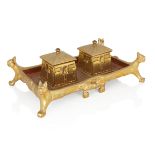 A Secessionist rectangular brass and copper ink stand