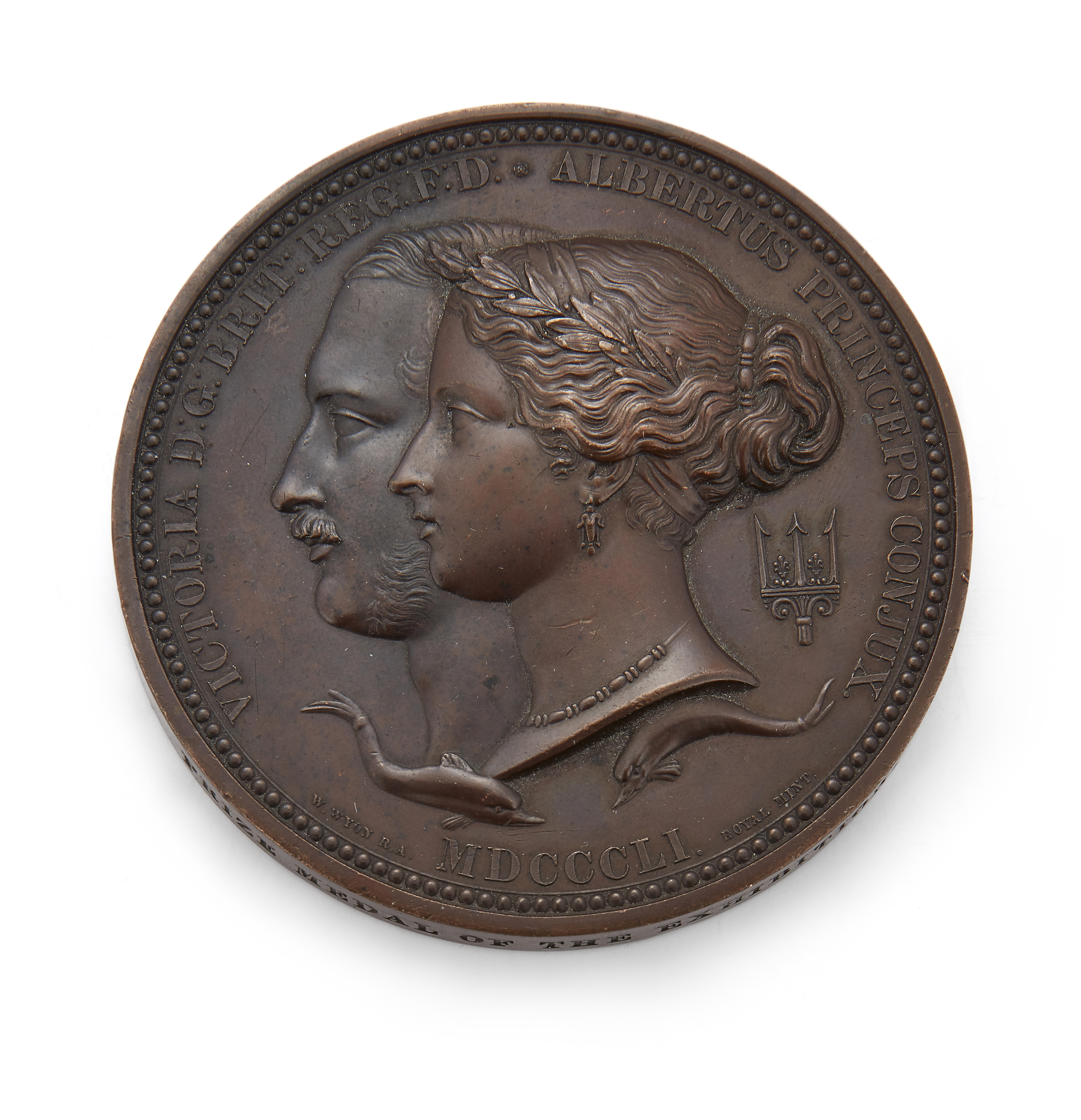 A Great Exhibition of 1851 bronze prize medal, by W. and L. C. Wyon, obverse with conjoined heads...