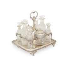 A George III silver cruet set, London, 1810, J. W. Story & W. Elliott, the rectangular stand with...