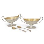 A pair of George III silver salts, London, 1790, James Young, each boat-shaped salt designed with...