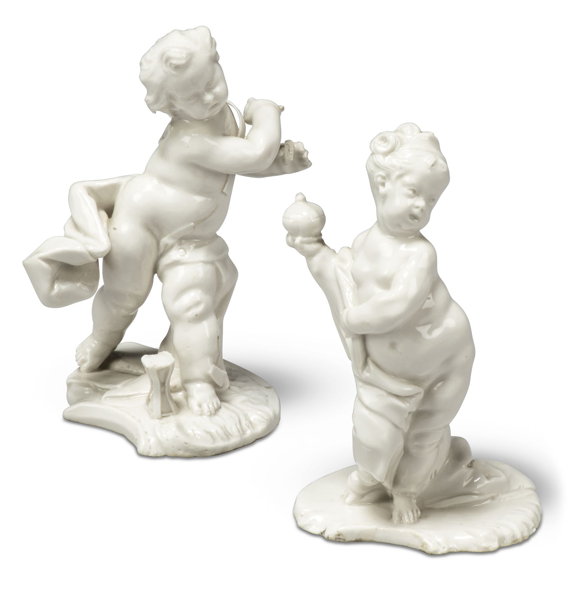 A pair of Nymphenburg porcelain allegorical white figures of putti from the Ovidian Gods Series, ...