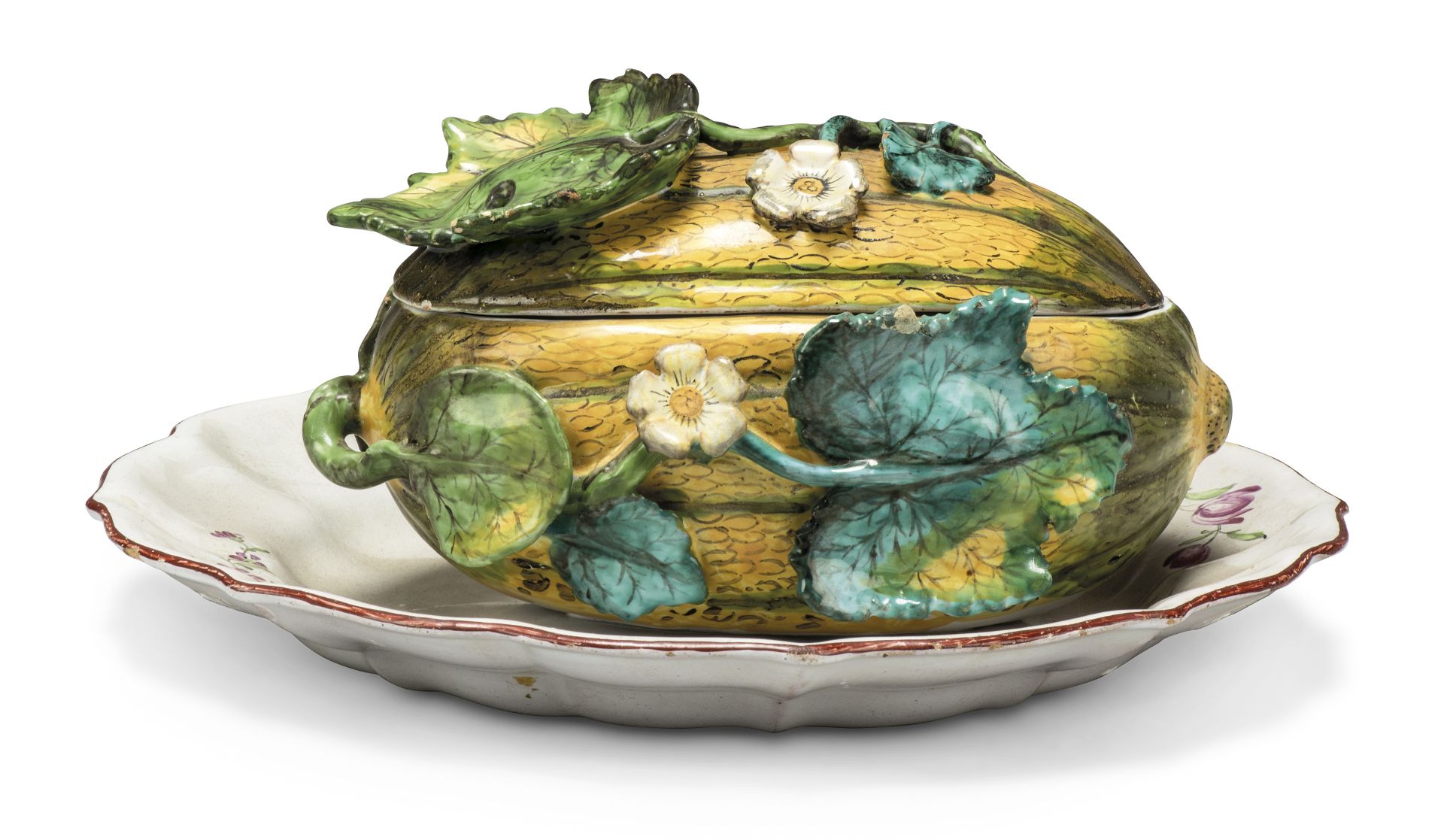 A German fayence melon-tureen and cover with fixed stand