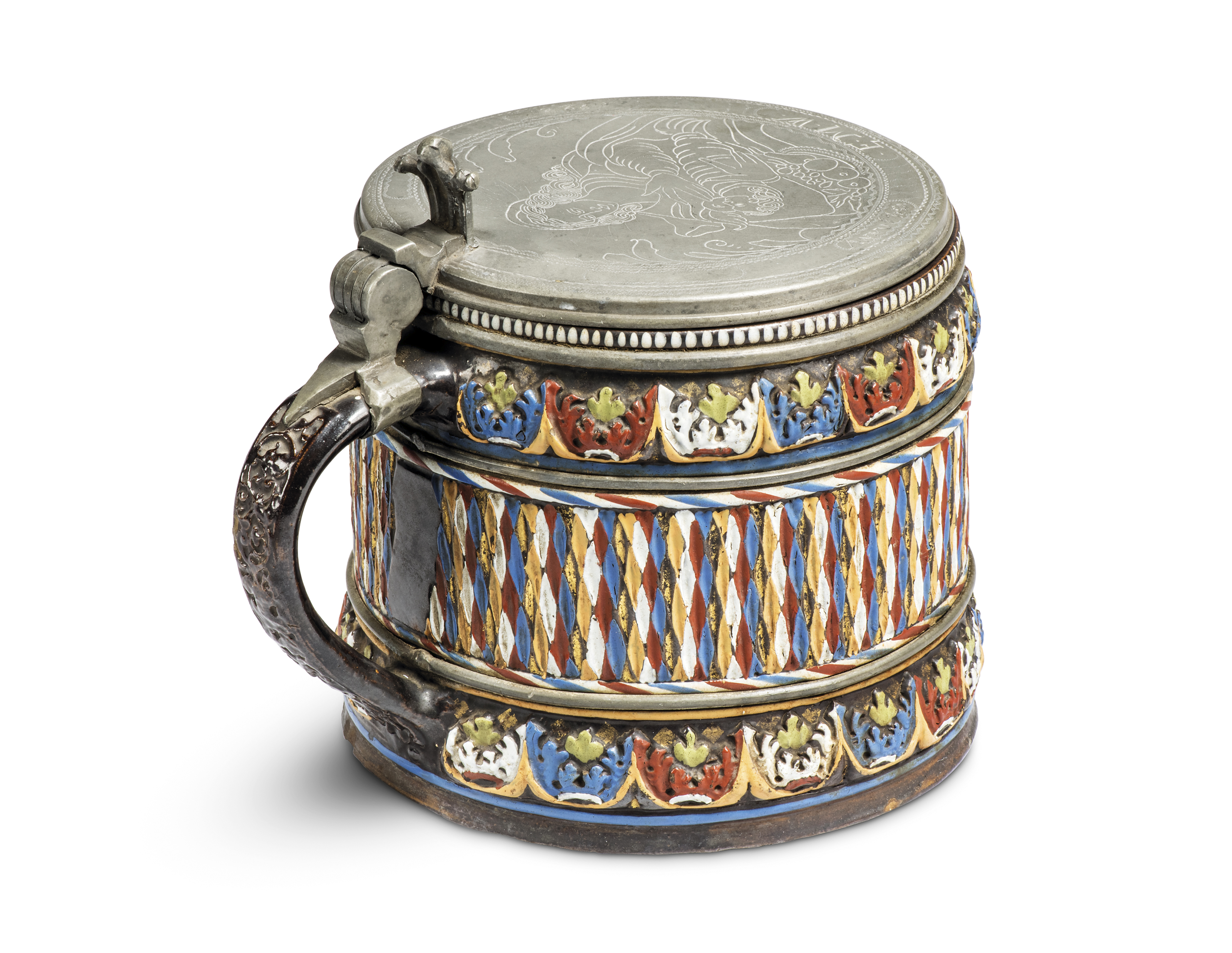 A pewter mounted German stoneware bierkrug, probably Creussen, probably 17th century, with a broa... - Image 2 of 5