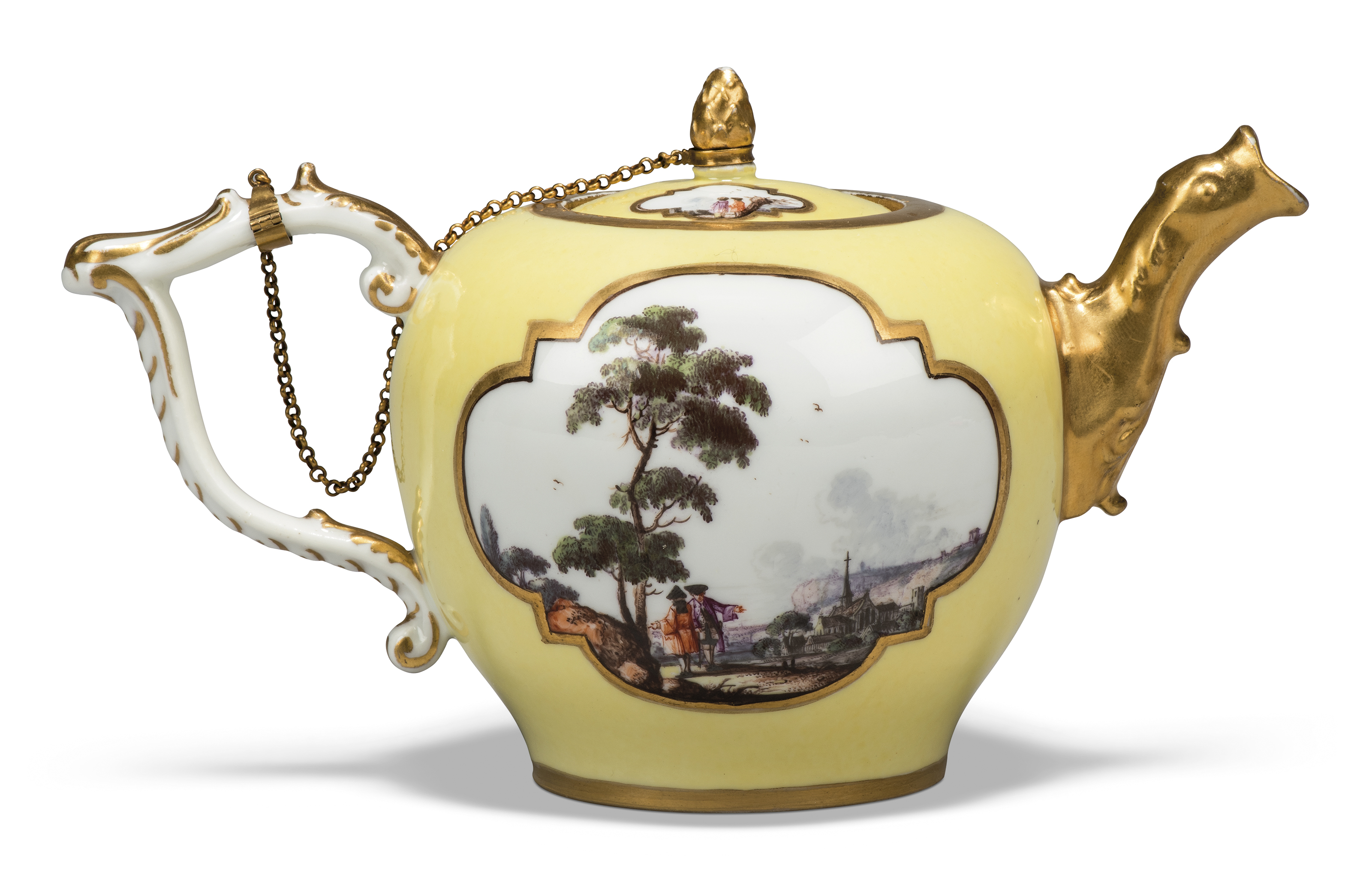 A Meissen porcelain gilt-metal mounted yellow-ground bullet-shaped teapot and cover