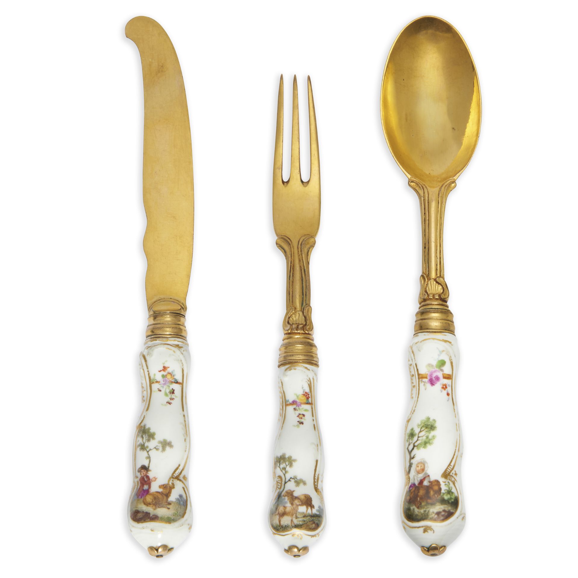 A set of Berlin (K.P.M.) porcelain silver-gilt mounted cutlery handles, c.1770, painted with shep... - Image 2 of 5