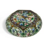 A Russian cloisonne enamel snuff box, Moscow, 1908-1926, 6th Artel, 84 standard, of circular form...