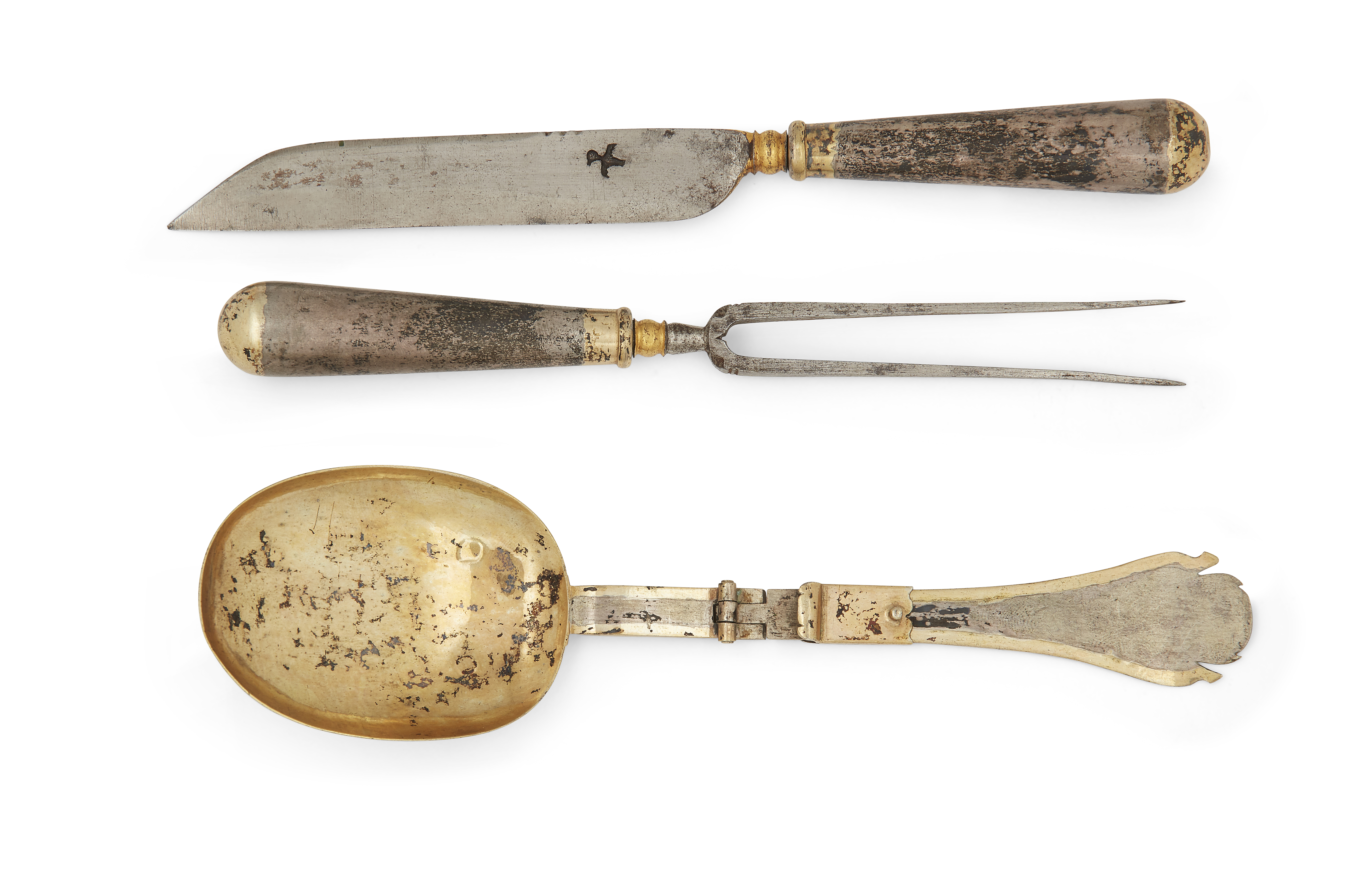 A German parcel-gilt travelling knife, fork and folding trefid spoon, possibly Nuremberg, 17th ce... - Image 6 of 6