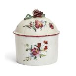 A Mennecy porcelain pot and cover, c.1755, incised DV mark, painted with scattered flower-sprays,...