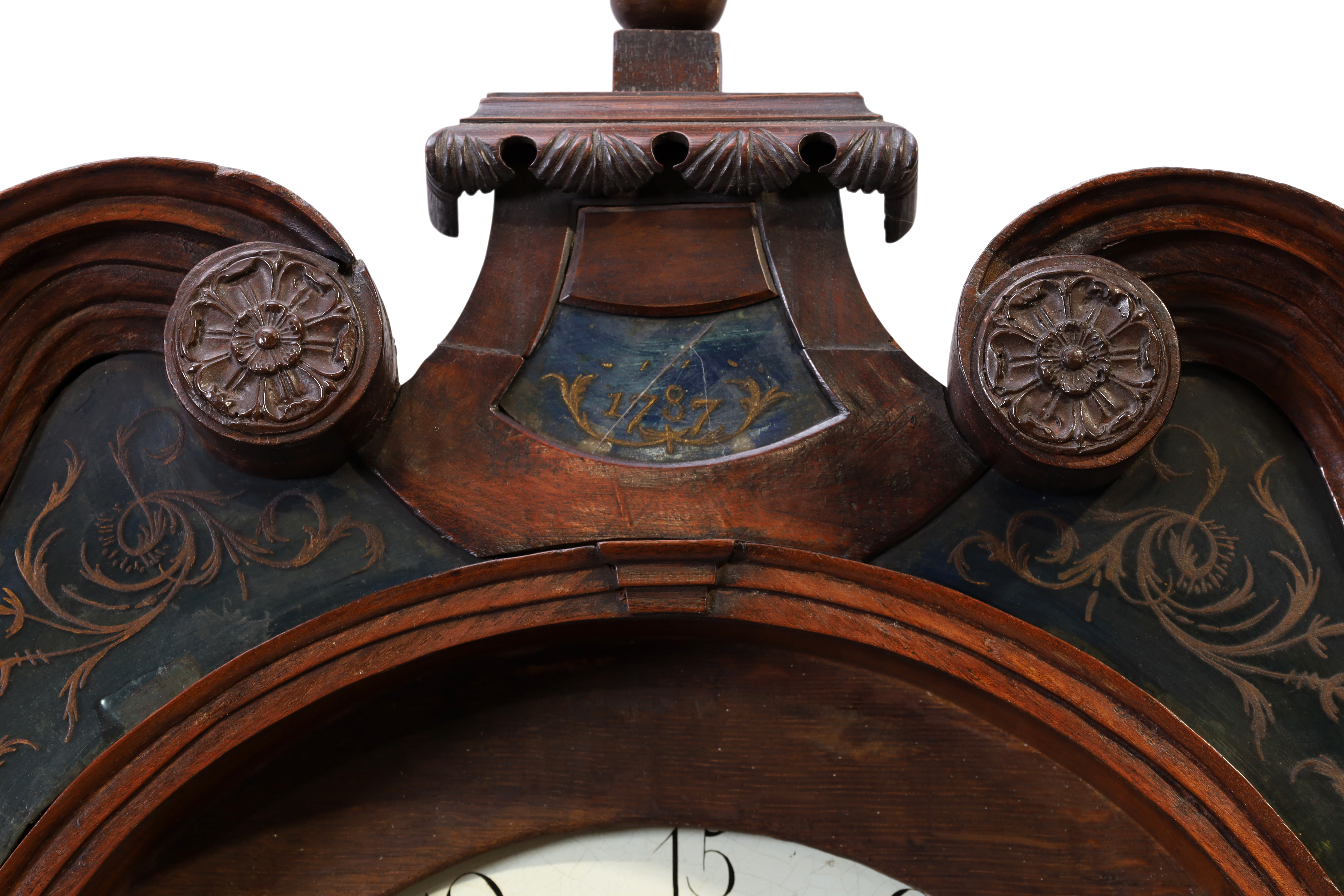 A George III inlaid mahogany longcase clock, late 18th century, the elaborate broken swan neck pe... - Image 6 of 6