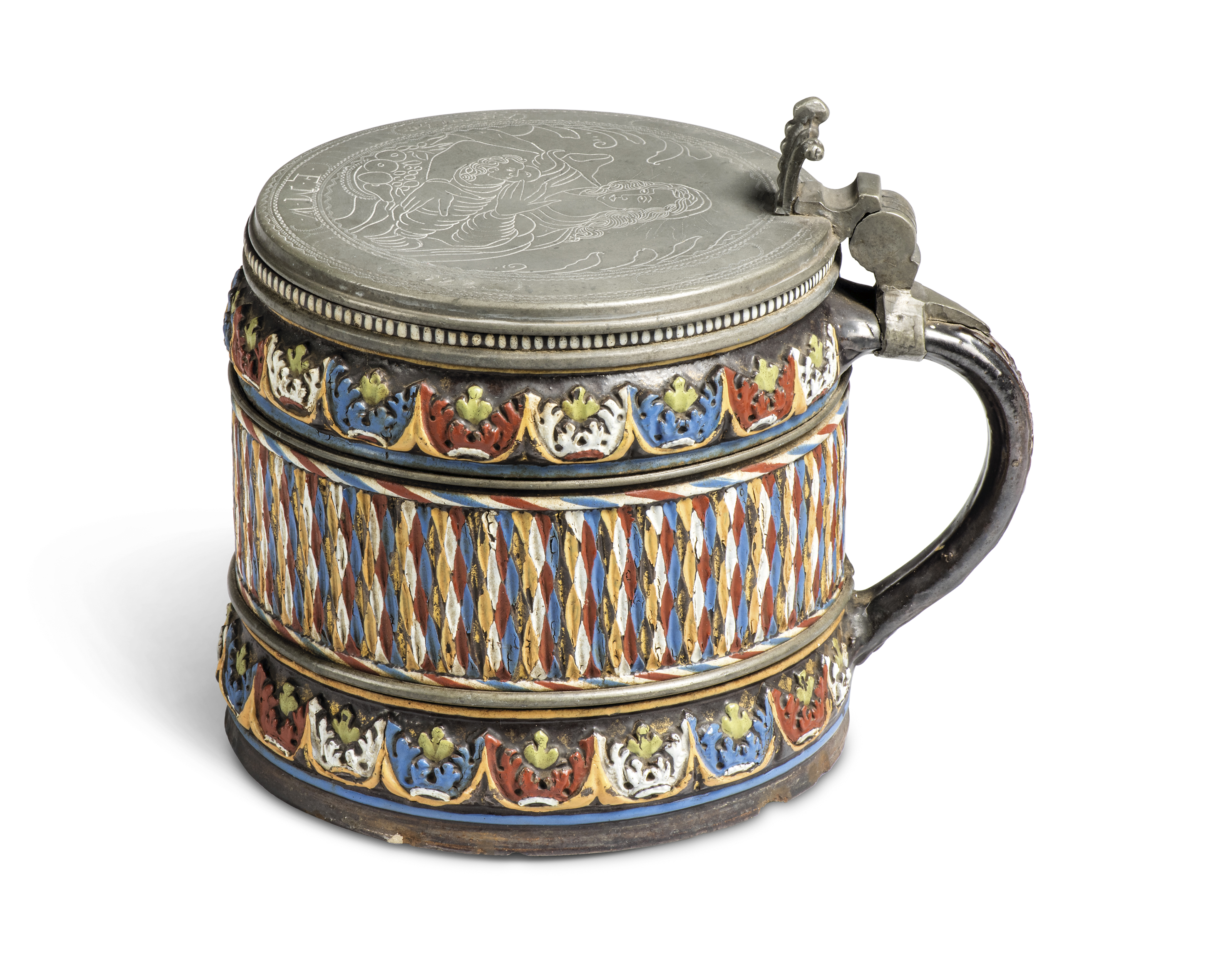 A pewter mounted German stoneware bierkrug, probably Creussen, probably 17th century, with a broa...