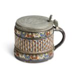 A pewter mounted German stoneware bierkrug, probably Creussen, probably 17th century, with a broa...