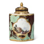 A German porcelain marbled-ground tea caddy and cover, probably 19th century, blue crossed swords...
