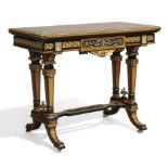 A Victorian amboyna and ebonised card table, c.1860, ormolu mounted and ivory inlaid, the swivel ...