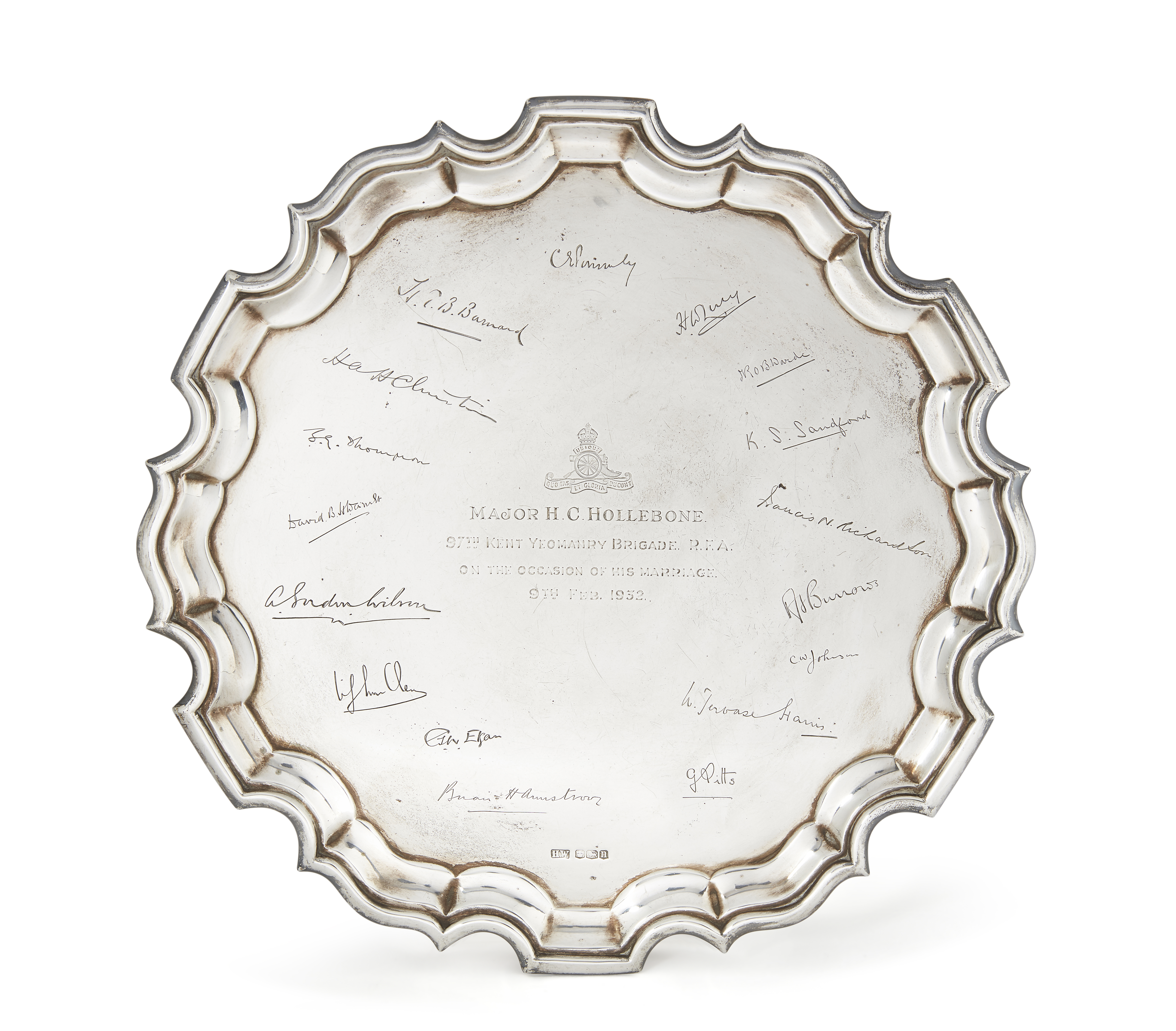 Military interest. A silver salver with pie crust border, Sheffield, 1930, Lee & Wigfull, engrave...