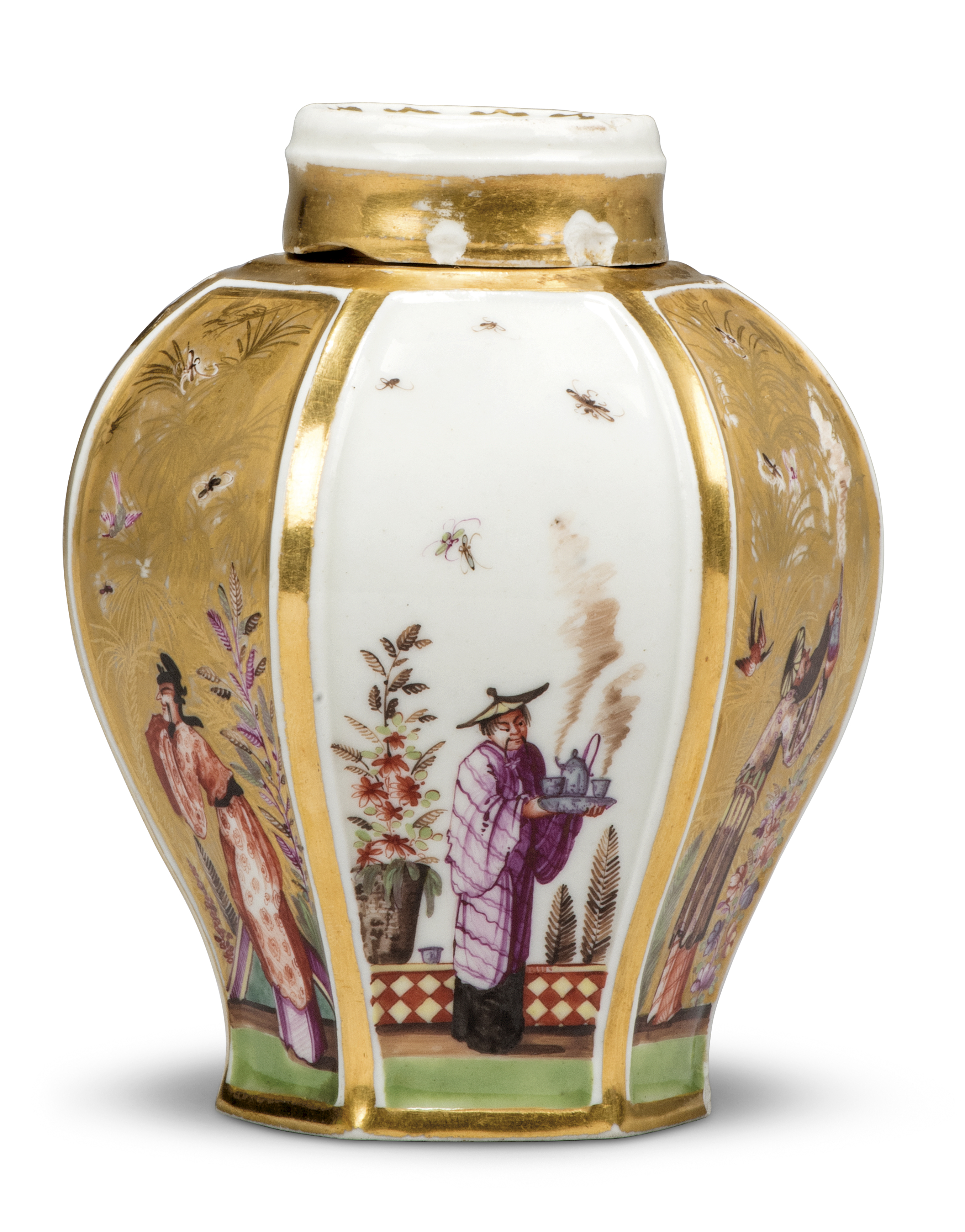 A Meissen porcelain hexagonal chinoiserie tea caddy and cover, probably c.1728, finely painted wi... - Image 4 of 5