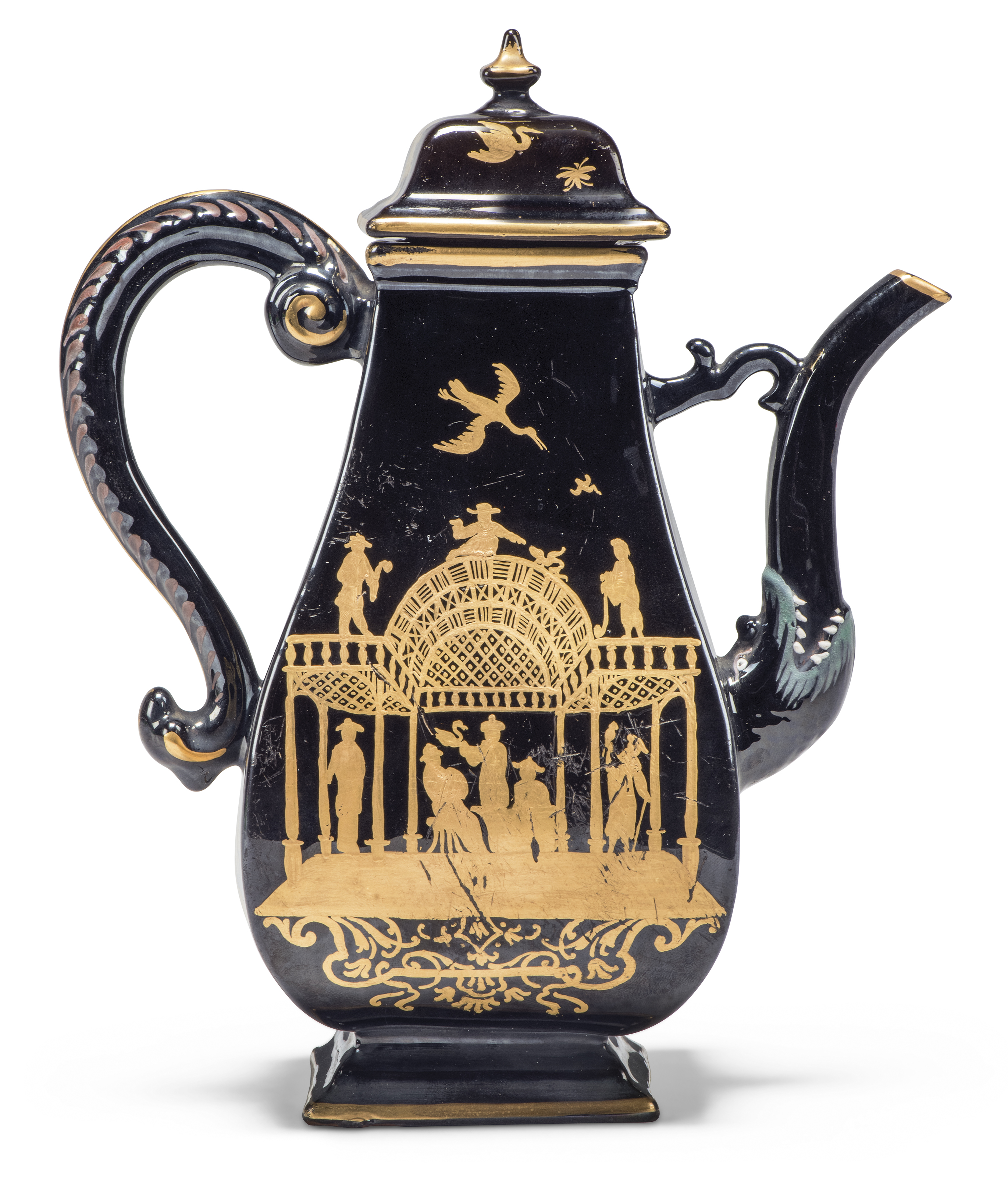 A German red stoneware black lacquer glazed baluster coffee pot and cover, probably 19th century,...