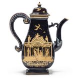 A German red stoneware black lacquer glazed baluster coffee pot and cover, probably 19th century,...