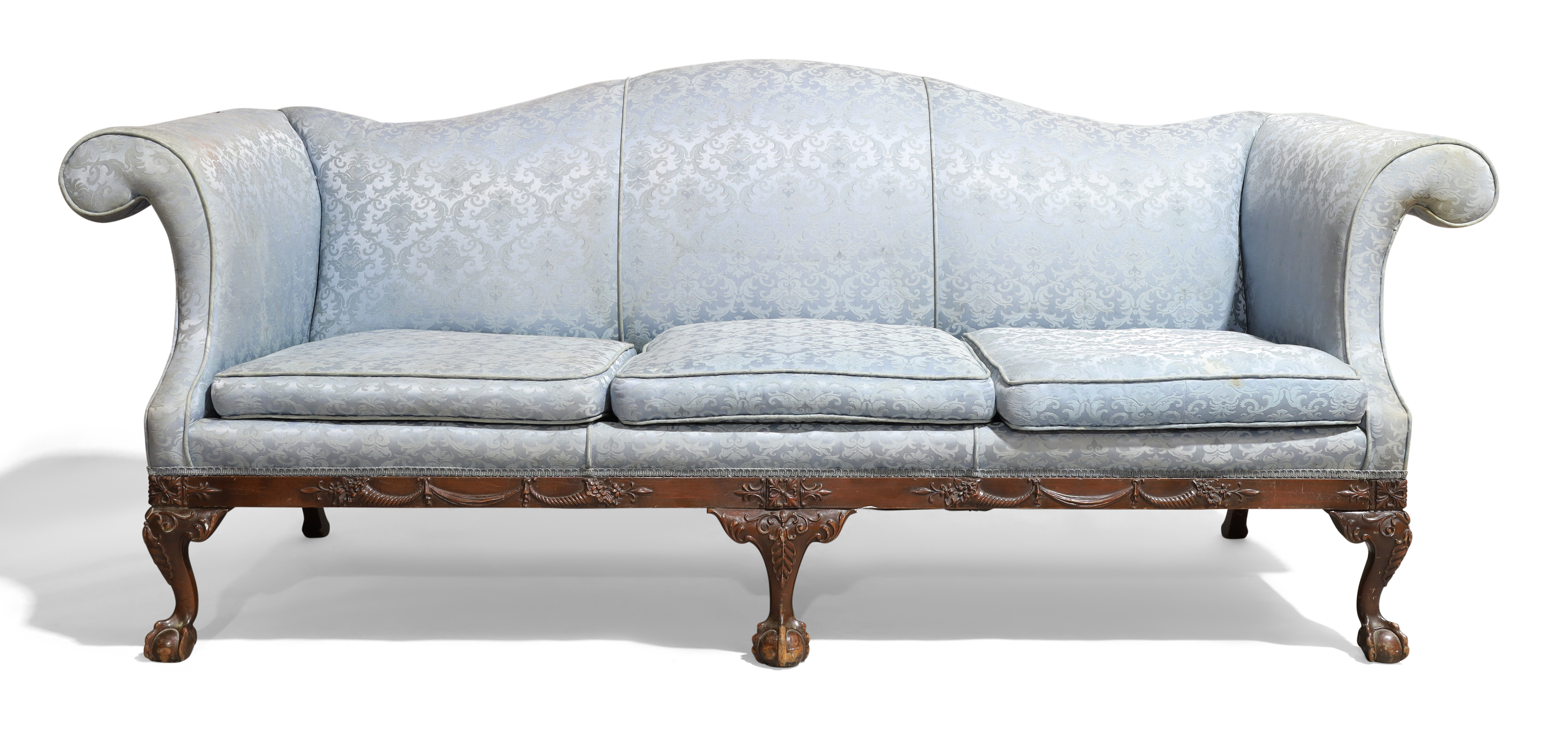 A George III style three seat camel back sofa