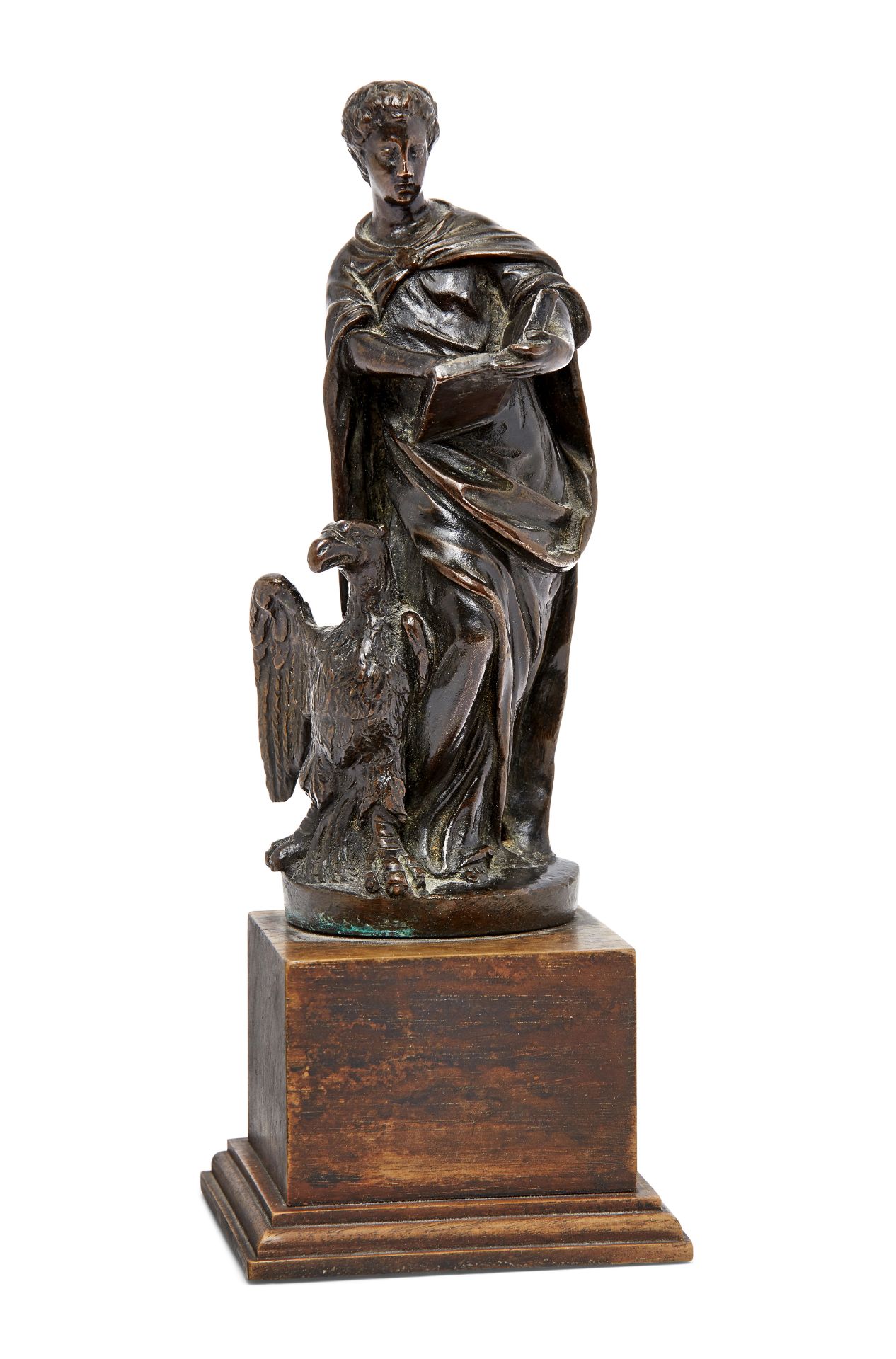 An Italian bronze model of John the Evangelist, late 18th century, depicted contrapposto holding ...