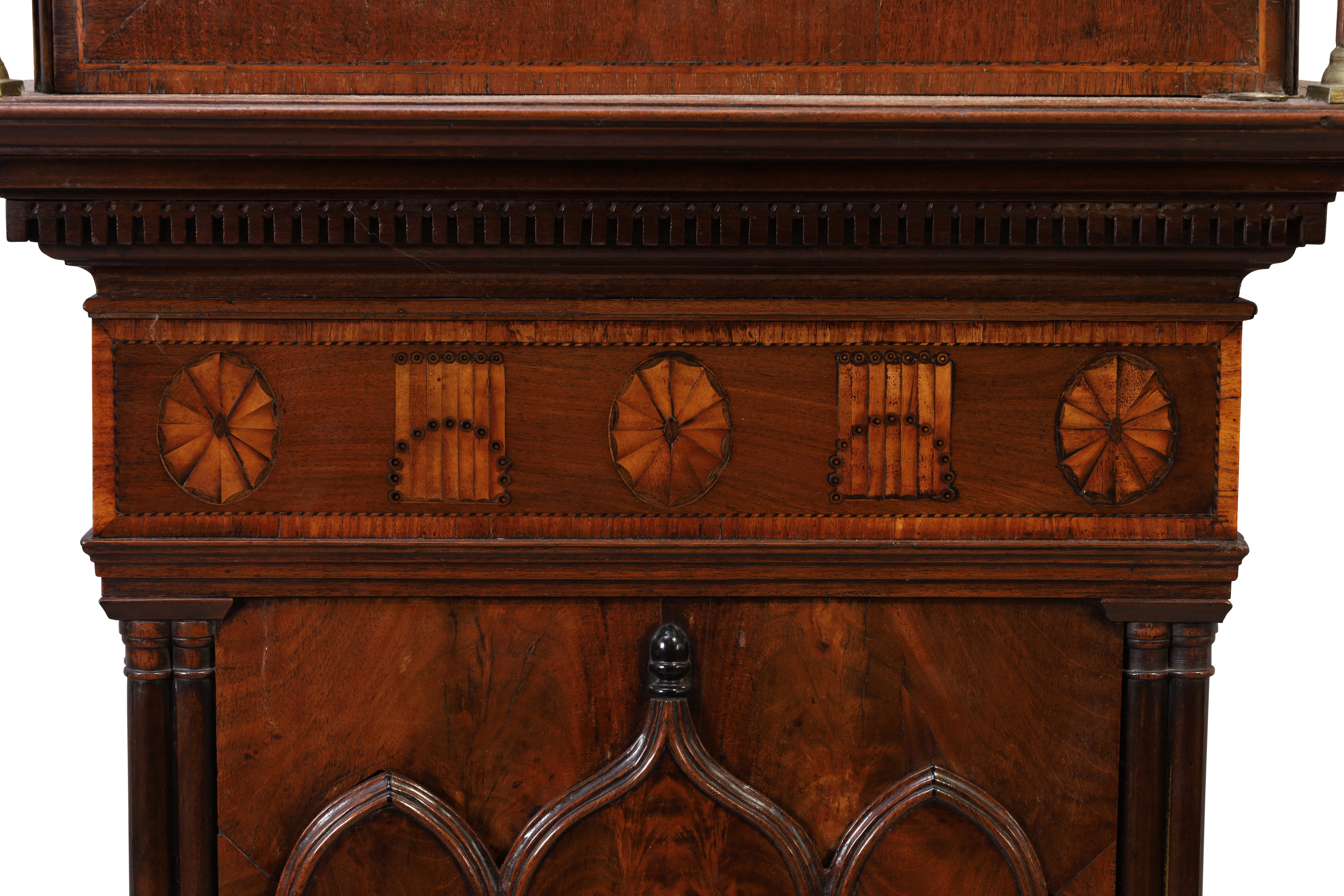 A George III inlaid mahogany longcase clock, late 18th century, the elaborate broken swan neck pe... - Image 5 of 6