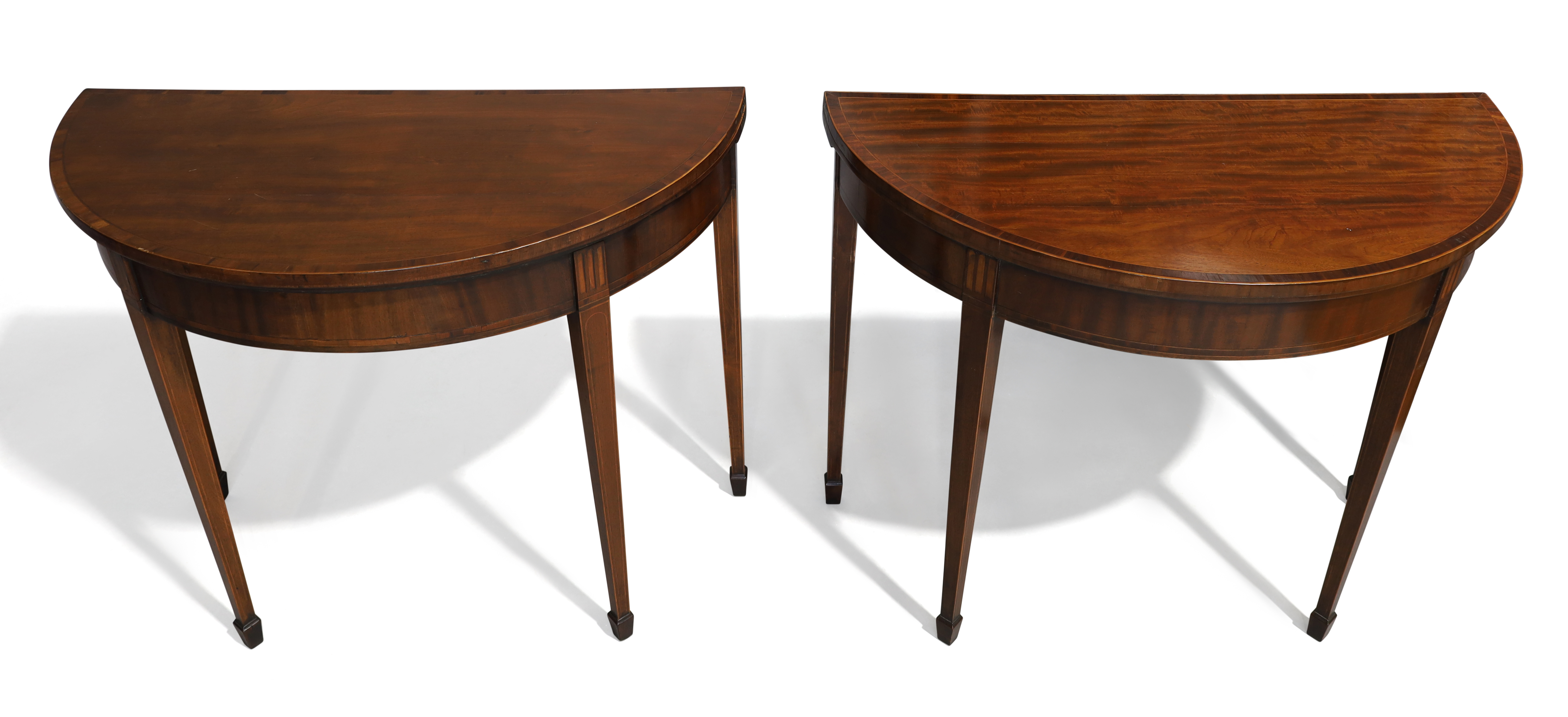 A pair of George III mahogany and satinwood crossbanded demi-lune card tables - Image 4 of 5