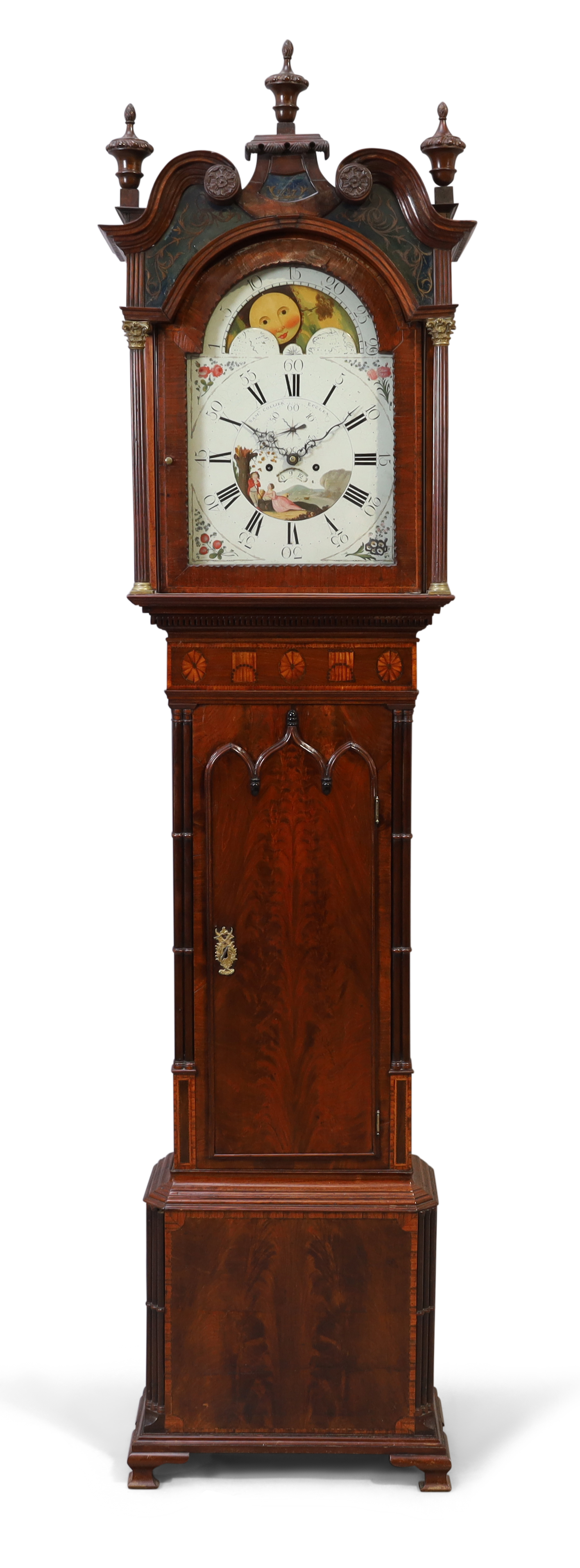 A George III inlaid mahogany longcase clock, late 18th century, the elaborate broken swan neck pe...