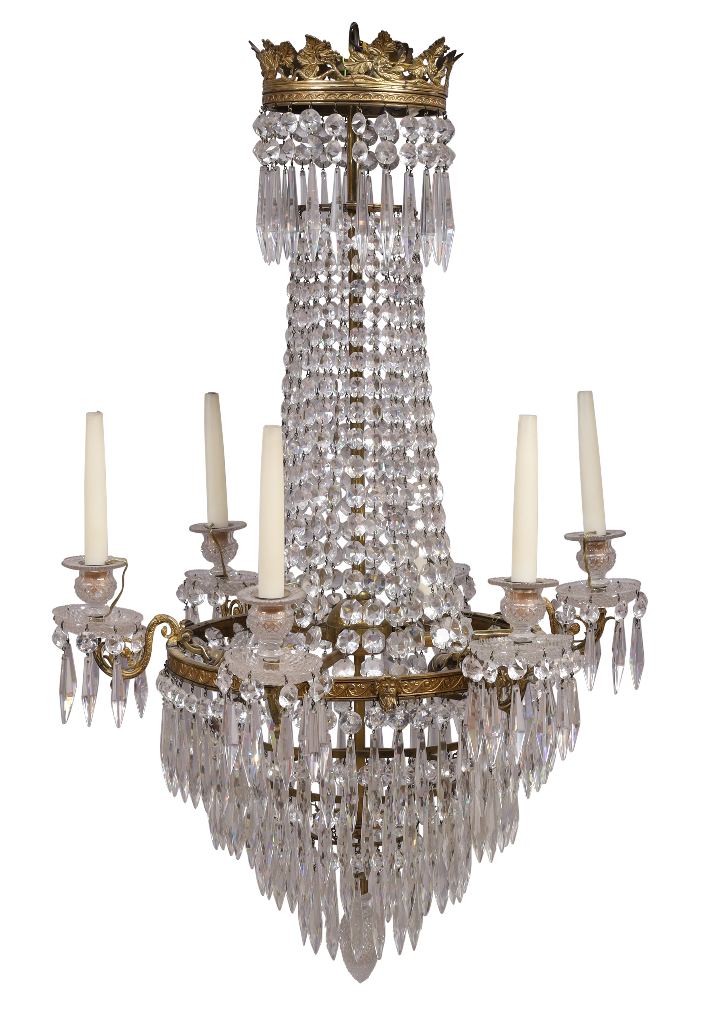A Victorian gilt-bronze and cut glass six-light chandelier, late 19th century, hung overall with ...