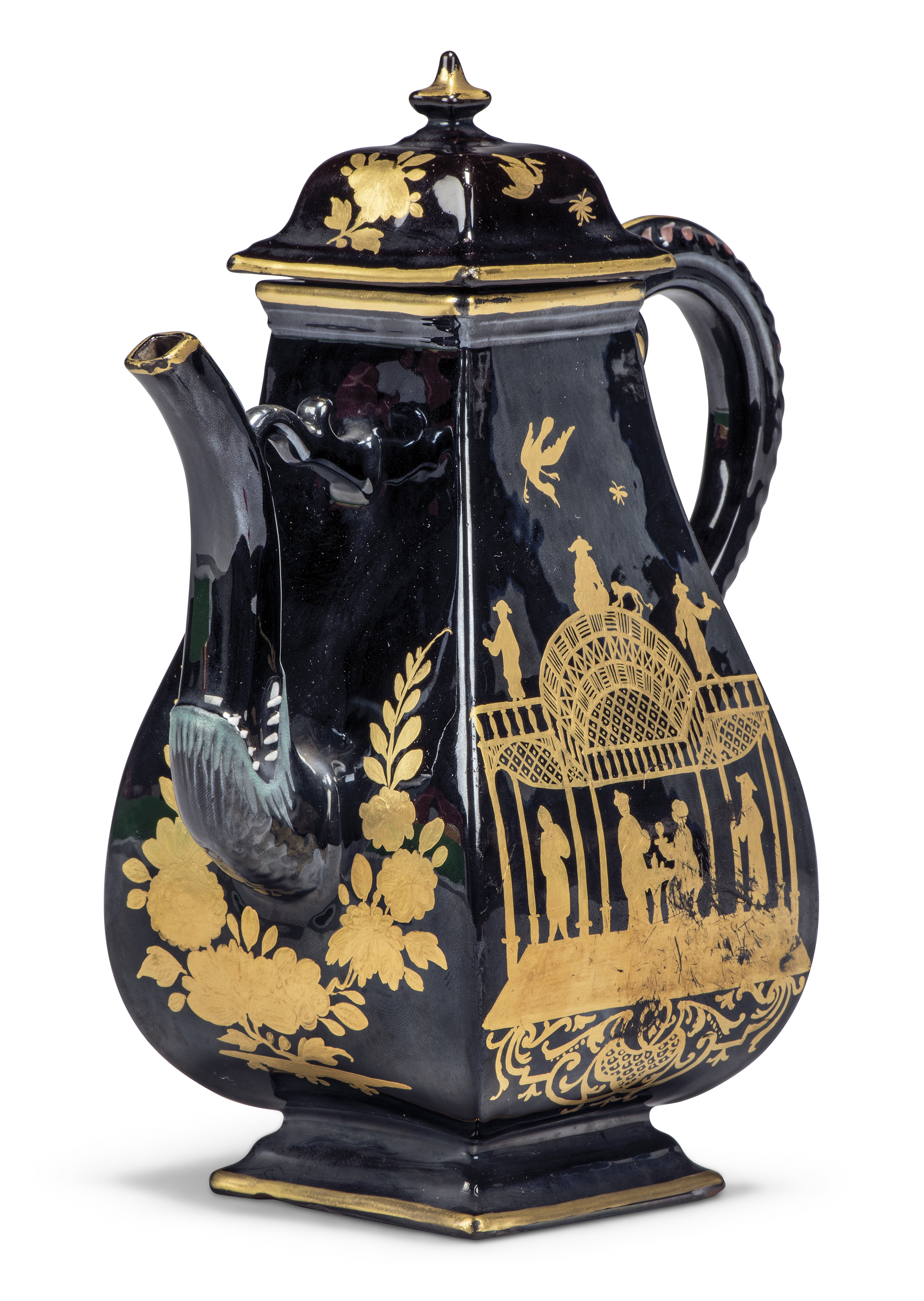 A German red stoneware black lacquer glazed baluster coffee pot and cover, probably 19th century,... - Image 3 of 5