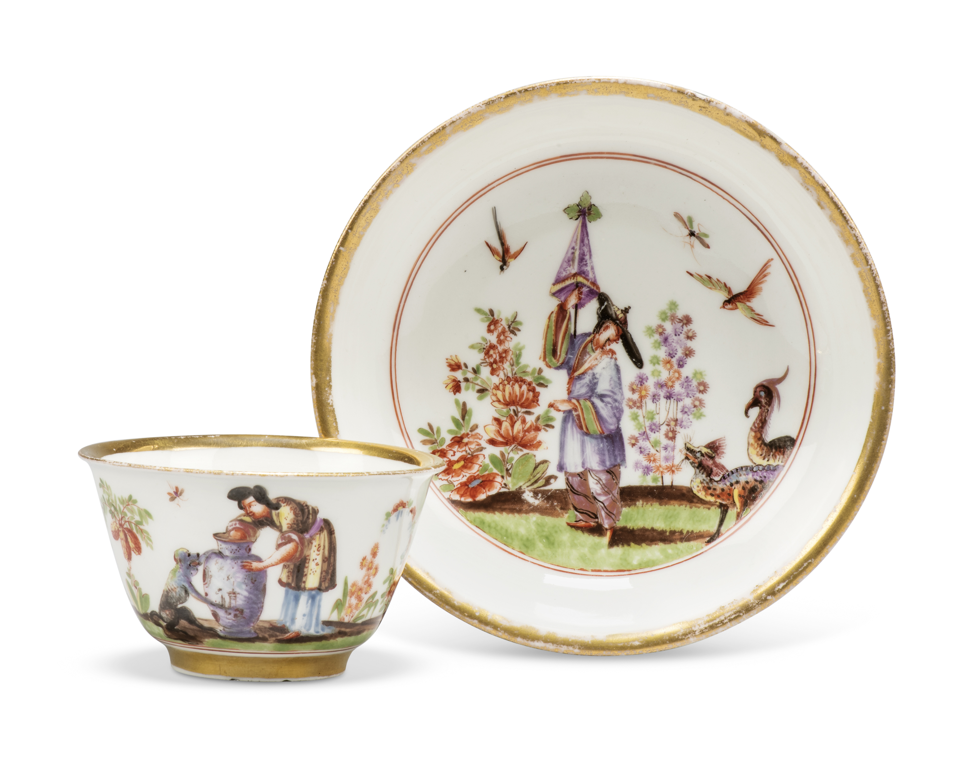 A Meissen porcelain chinoiserie tea bowl and saucer, c.1723-24, painted in the manner of J.G. Hör...