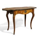 A French walnut drop leaf side table, early 20th century, brass bound with floral inlay, single d...
