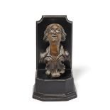 A North Italian bronze door knocker or finial, probably 17th century, cast as a female bust with ...