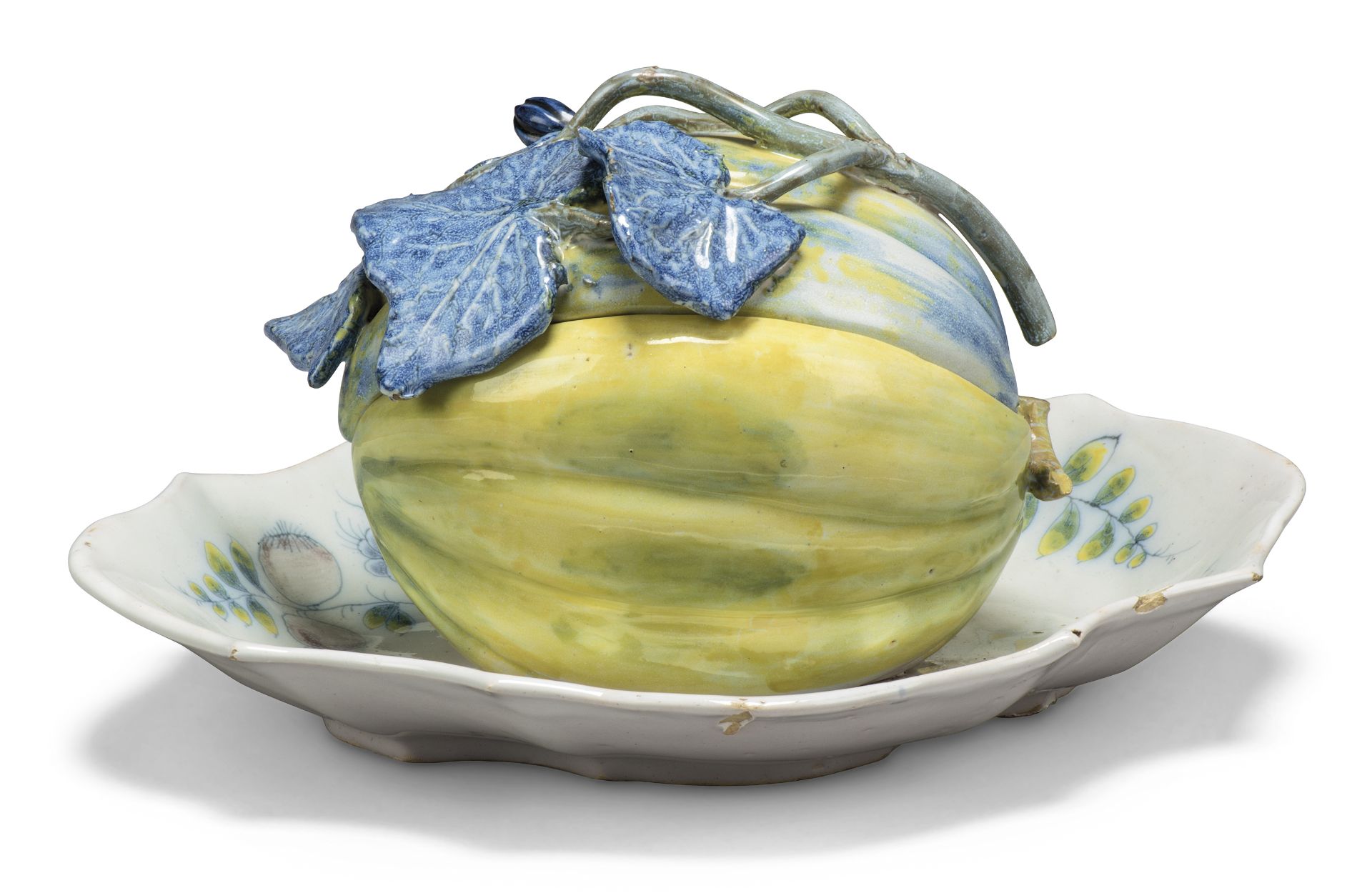 A Göggingen fayence melon tureen and cover with fixed stand, third quarter 18th century, manganes...