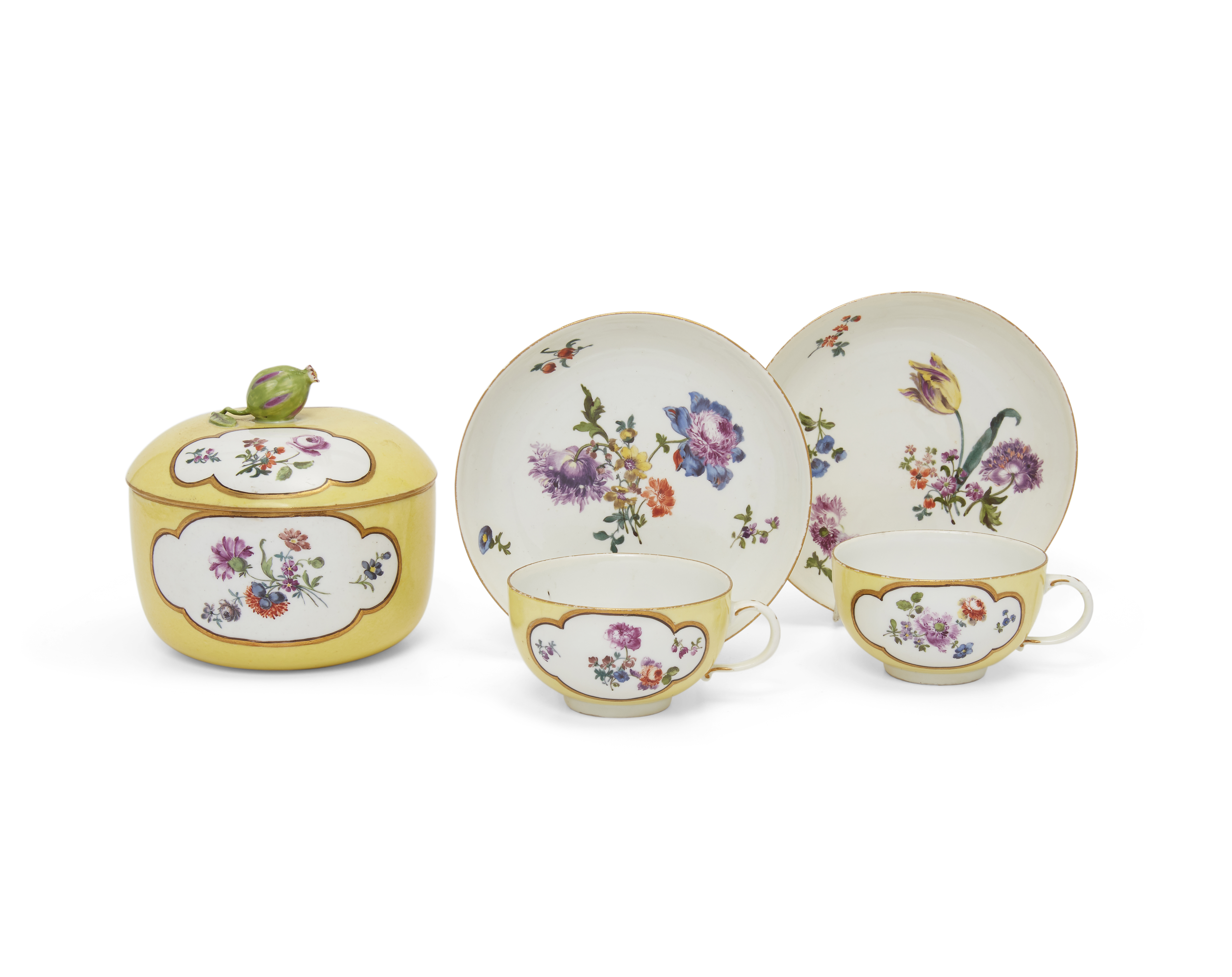 A Meissen porcelain yellow-ground part tea-service, c.1740-50, blue crossed swords marks, Pressnu...