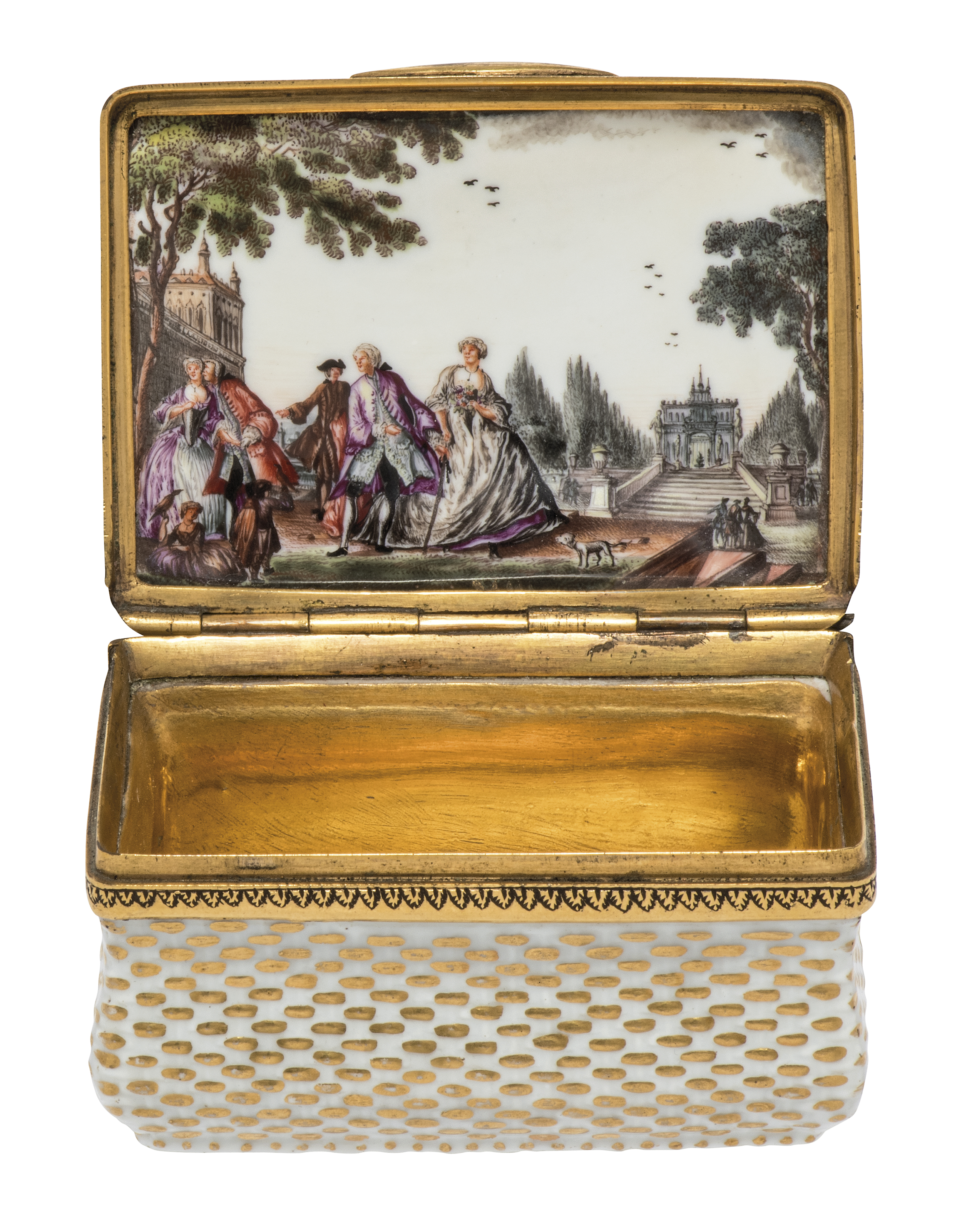 A Meissen porcelain gilt-metal mounted rectangular snuff-box and cover, c.1740, the mount later, ...