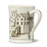 A Vienna (du Paquier) porcelain small Wermuth beer tankard, c.1730-40, painted en grisaille and e...