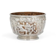 A Victorian silver bowl, London, 1877, John Septimus Beresford, cast with scenes of village revel...