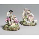 Two Höchst porcelain groups of a print-seller and a sleeping shepherdess, c.1775, blue wheel mark...