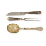A German parcel-gilt travelling knife, fork and folding trefid spoon, possibly Nuremberg, 17th ce...