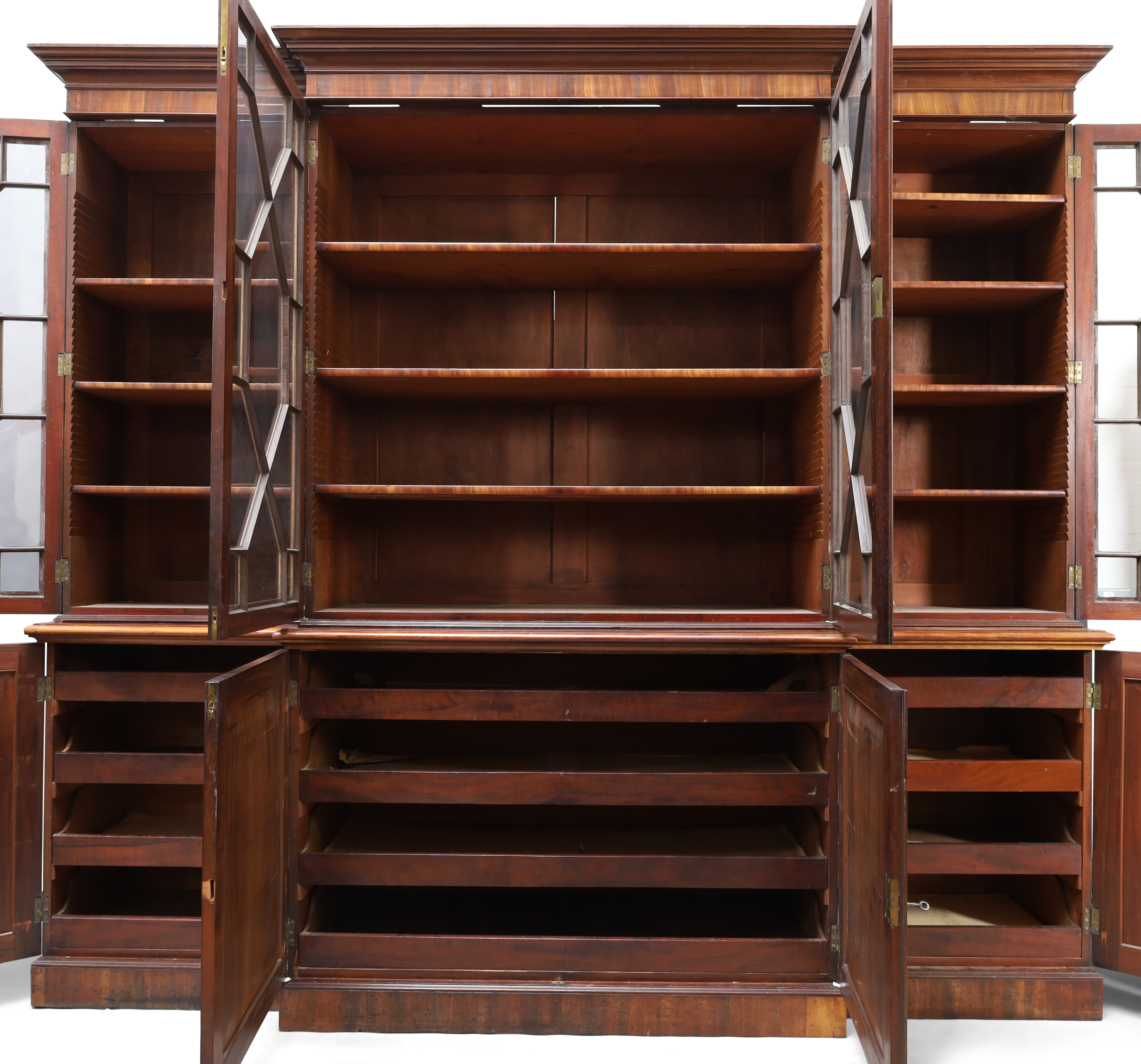 A George III mahogany breakfront library bookcase, c.1780, ebony strung, the moulded stepped corn... - Image 2 of 2